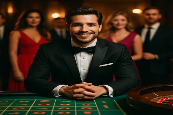 নিয়ন আলোয় সজ্জিত আধুনিক ক্যাসিনো পরিবেশে নান্দনিক উপস্থাপনা