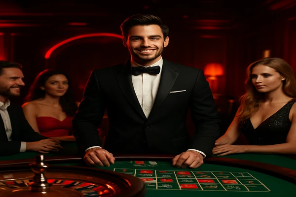 একজন পুরুষ অনলাইন গেমে জয়লাভের আনন্দ উদযাপন করছেন, চারপাশে খেলার প্রতীকসমূহ ভাসছে