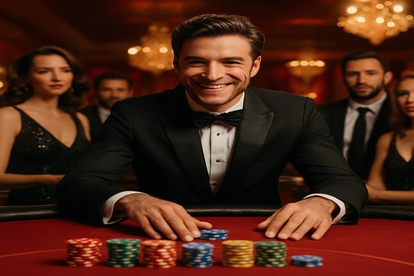 আলো ঝলমলে গেমিং পরিবেশে একজন আত্মবিশ্বাসী প্রতিনিধি ck666 অ্যাকাউন্টে নিরাপদ প্রবেশের আহ্বান জানাচ্ছেন।